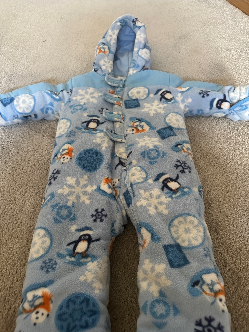 Blue Penguin Print Fleece Hooded One-Piece Footie